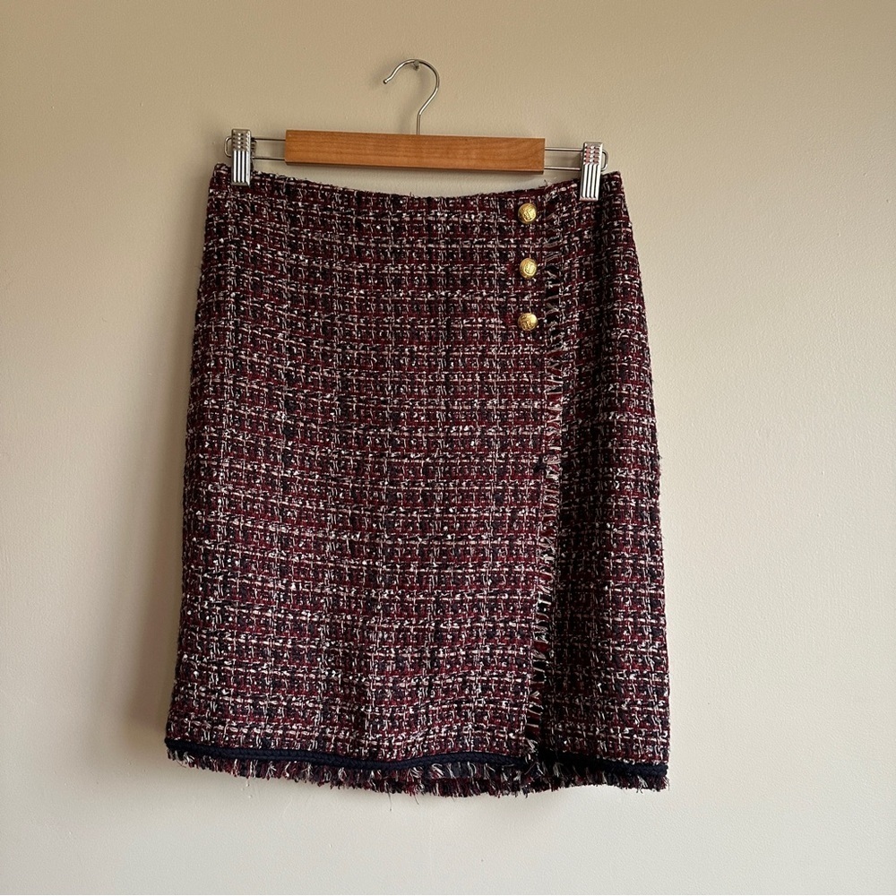 Talbots Red Navy Tweed Fringe Midi Skirt 2P